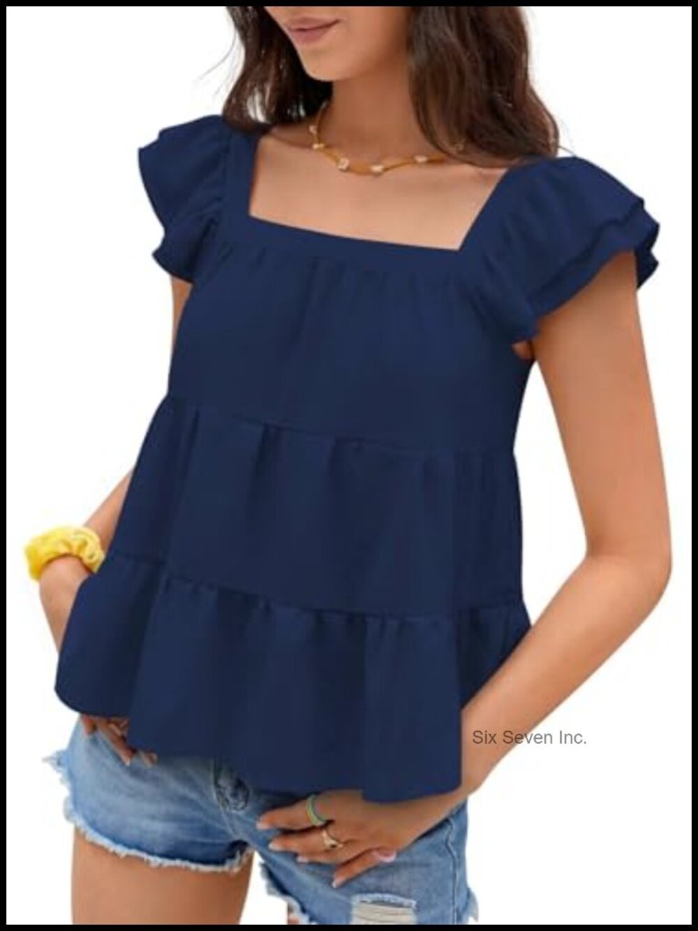 Ruffle Sleeve Babydoll Blouse Square Neck Pleated Flowy Tiered Summer Top